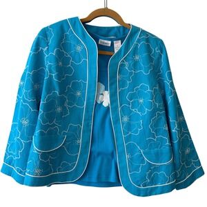 2 Piece Savvy by Rafael Turqoise Floral Embroider Linen Blend Blazer Tank Size 8